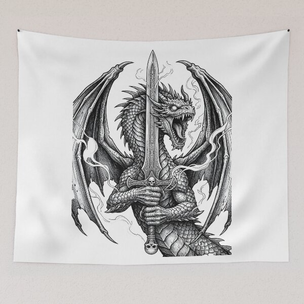Item preview, Dragon Knight Portrait - Two-Handed Skull Sword Ink Art designed and sold by DragonSerpent Ink.