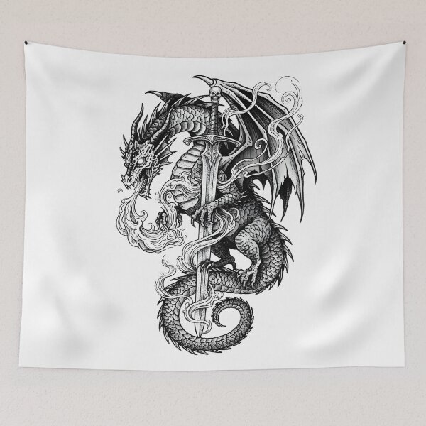 Item preview, Swirling Flame Dragon with Skull Blade - Glowing Eyes Ink Art designed and sold by DragonSerpent Ink.