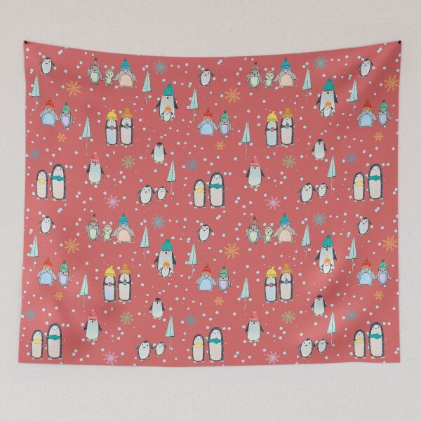 Item preview, Cute penguins hand drawn in watercolor and ink (red) designed and sold by Boy and Belugee Studio.