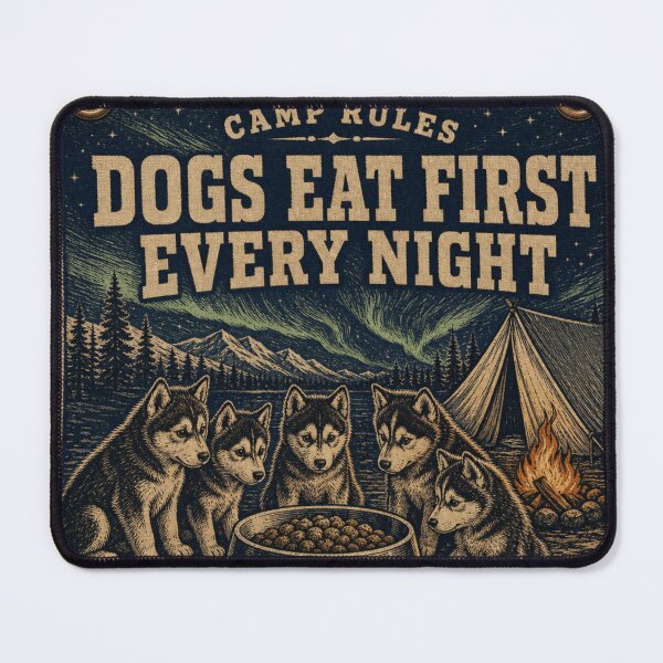 Item preview, Dogs Eat First Every Night Sled Dog Camp Rules Race Bib designed and sold by BoosterShop.