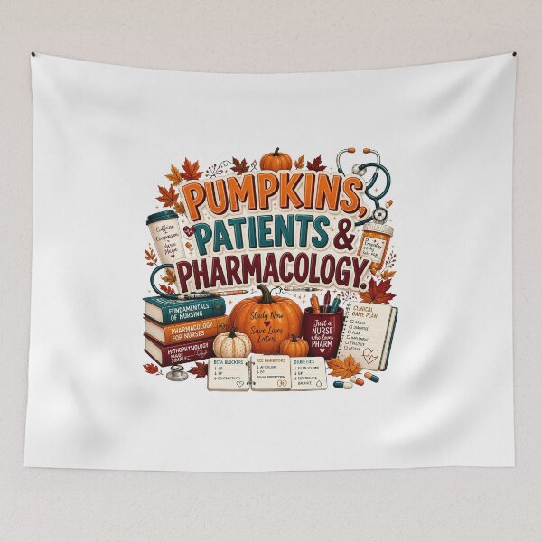 Item preview, Pumpkins, Patients & Pharmacology – Funny Nursing Student Fall & Halloween Design designed and sold by CuteDesignables.