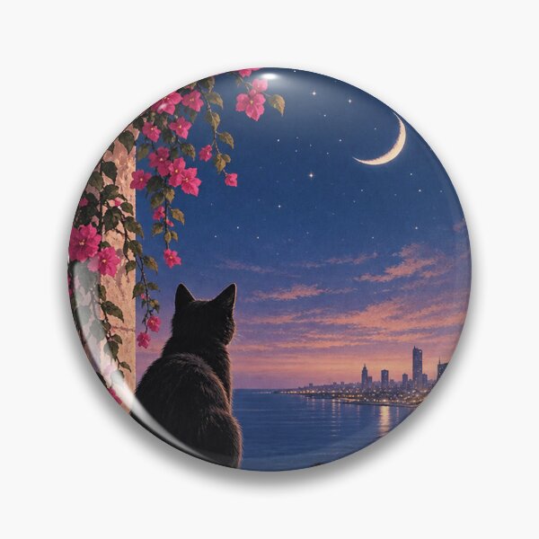 Item preview, Midnight Cat by the Sea – Crescent Moon & Bougainvillea designed and sold by Samah-s.