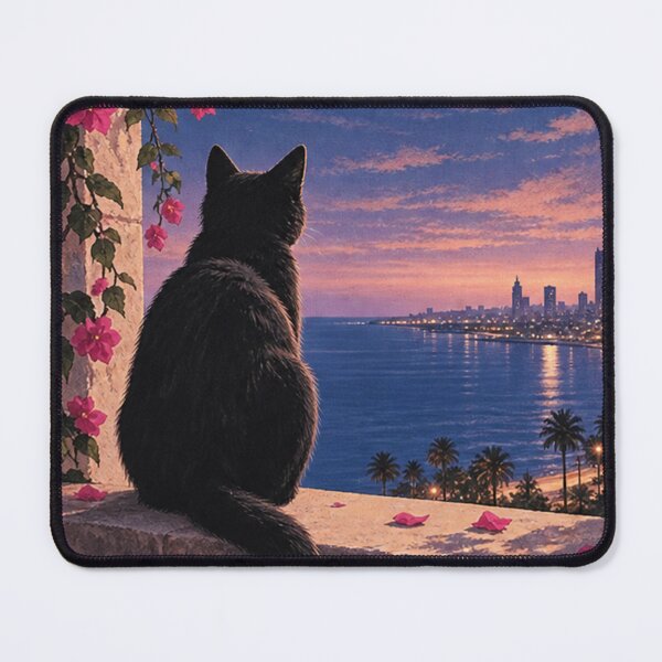 Item preview, Midnight Cat by the Sea – Crescent Moon & Bougainvillea designed and sold by Samah-s.
