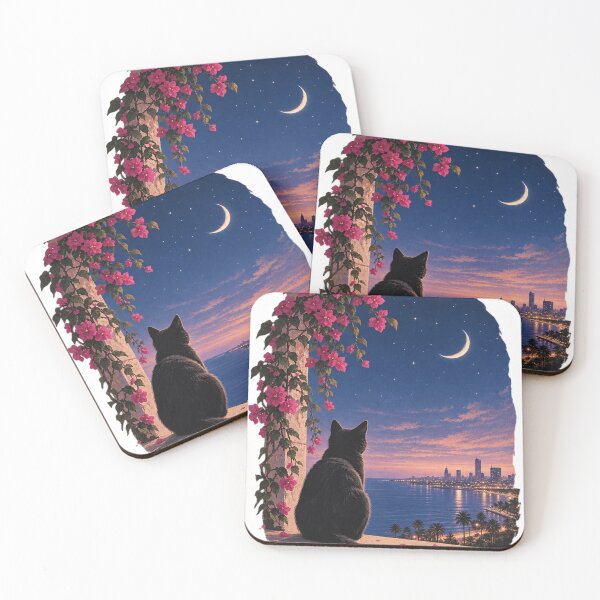 Item preview, Midnight Cat by the Sea – Crescent Moon & Bougainvillea designed and sold by Samah-s.