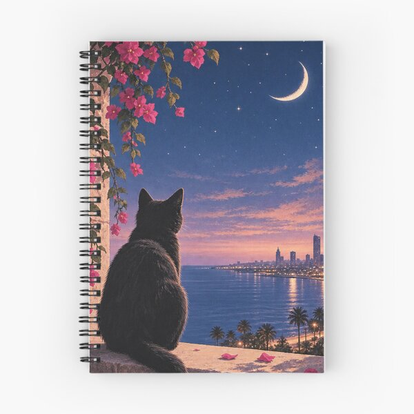 Item preview, Midnight Cat by the Sea – Crescent Moon & Bougainvillea designed and sold by Samah-s.