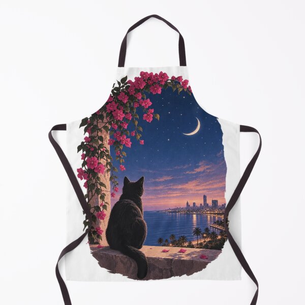 Item preview, Midnight Cat by the Sea – Crescent Moon & Bougainvillea designed and sold by Samah-s.