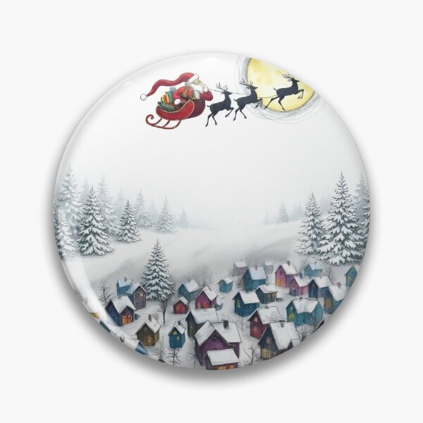 Item preview, Flying Santa Over a Snowy Christmas Village and Pine Forest designed and sold by LavIsInTheAir.