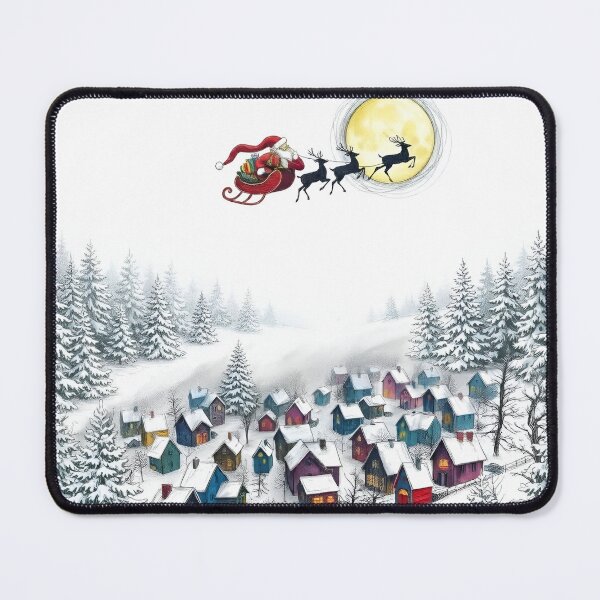Item preview, Flying Santa Over a Snowy Christmas Village and Pine Forest designed and sold by LavIsInTheAir.