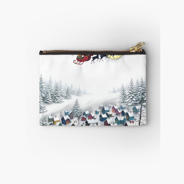 Item preview, Flying Santa Over a Snowy Christmas Village and Pine Forest designed and sold by LavIsInTheAir.