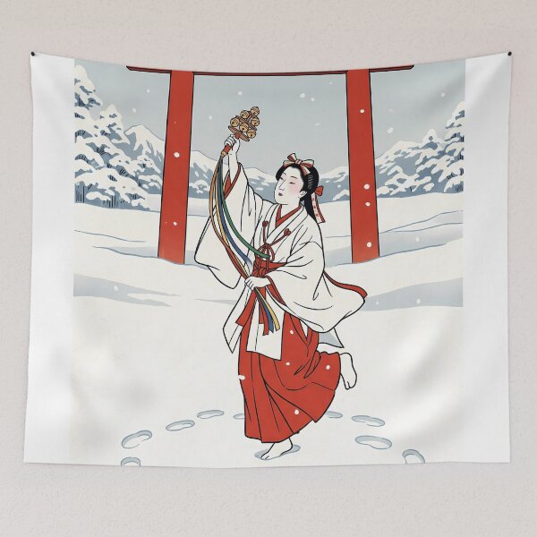 Item preview, Shrine Maiden Kagura Dance in Snow Torii designed and sold by TokyoUkiyoHouse.