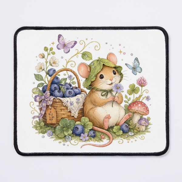 Item preview, Blueberry Mouse Cottagecore Woodland Cute Botanical Nature Art designed and sold by inkoutninja.