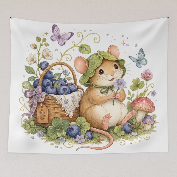 Item preview, Blueberry Mouse Cottagecore Woodland Cute Botanical Nature Art designed and sold by inkoutninja.