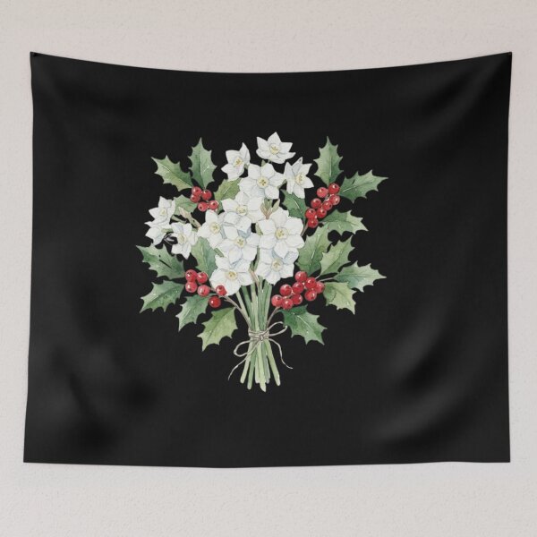 Item preview, Vintage White Daffodil And Holly Christmas Bouquet designed and sold by bvdesignart.