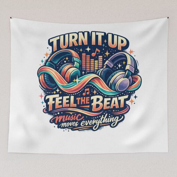 Item preview, Turn It Up Feel the Beat Retro Headphones Music Lover Typography Art designed and sold by inkoutninja.