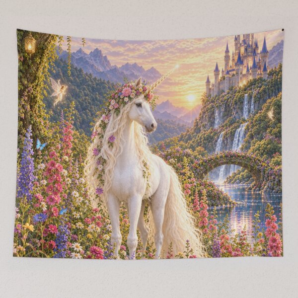 Item preview, Whimsical Unicorn Cottagecore Flower Meadow Butterflies Castle designed and sold by DrewRomeoCo.