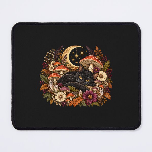 Item preview, Black Cat Among Mushrooms & Moon | Dark Cottagecore Botanical Witchy Art designed and sold by Chic  Artistry.