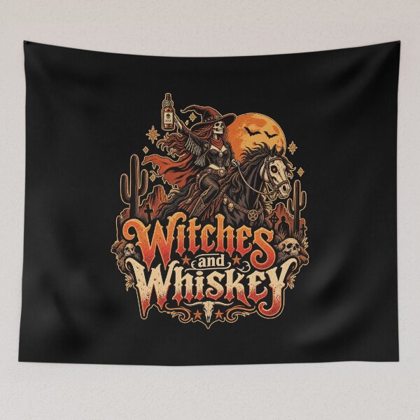 Item preview, Witches and Whiskey Halloween T-Shirt | Gothic Skeleton Cowgirl Western Tee designed and sold by graphic-genie.