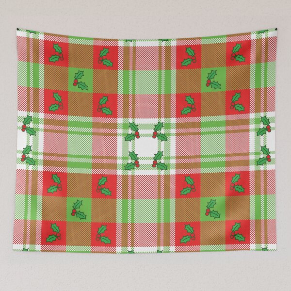 Item preview, Christmas holly leaves and berries on tartan plaid background designed and sold by PowerAntShop.