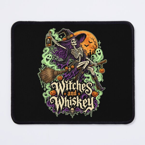 Item preview, Witches and Whiskey Skeleton Witch T-Shirt | Gothic Halloween Witch Broom Tee designed and sold by graphic-genie.