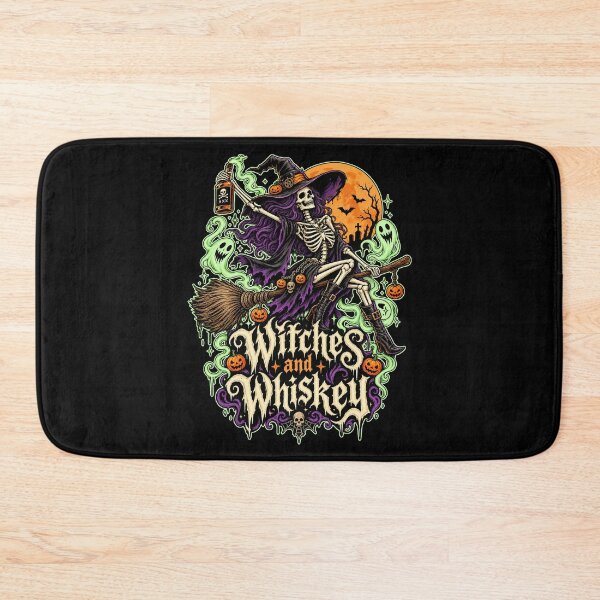 Item preview, Witches and Whiskey Skeleton Witch T-Shirt | Gothic Halloween Witch Broom Tee designed and sold by graphic-genie.