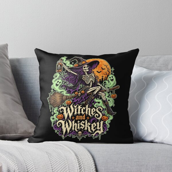 Item preview, Witches and Whiskey Skeleton Witch T-Shirt | Gothic Halloween Witch Broom Tee designed and sold by graphic-genie.