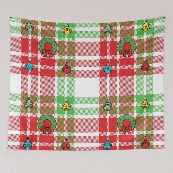 Item preview, Christmas ornaments and wreaths on tartan plaid pattern designed and sold by PowerAntShop.