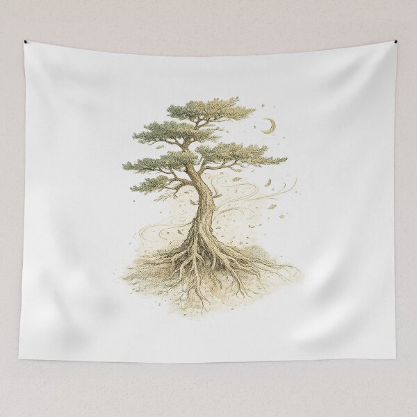 Item preview, Ancient Rooted Pine Tree Crescent Moon Mystical Nature Art designed and sold by inkoutninja.