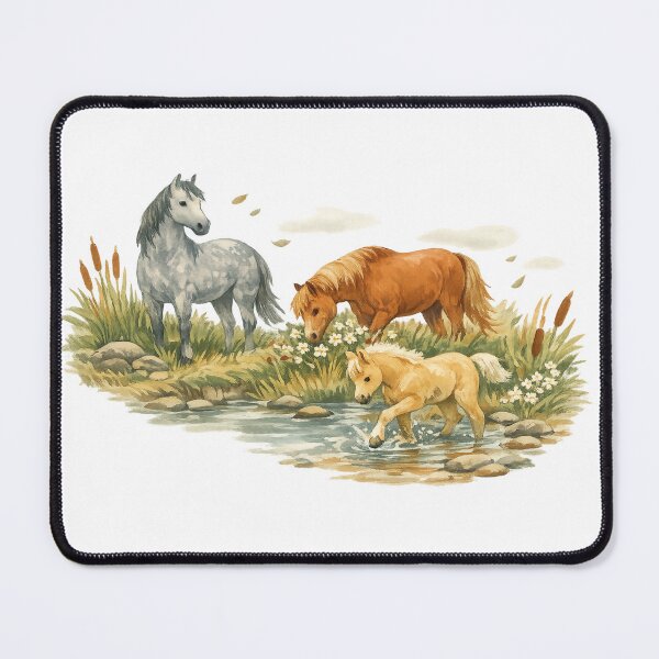 Item preview, Wild Horses by the Creek Watercolor Pony Meadow Nature Art designed and sold by inkoutninja.