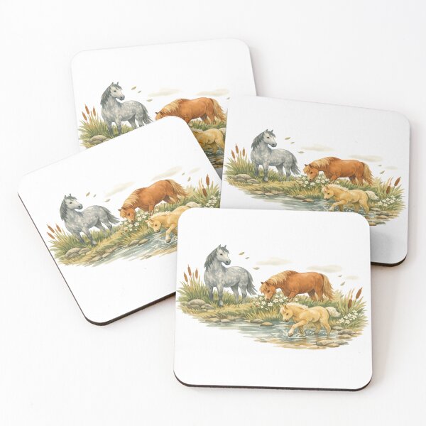 Item preview, Wild Horses by the Creek Watercolor Pony Meadow Nature Art designed and sold by inkoutninja.