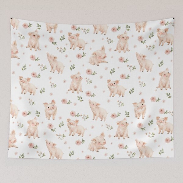 Item preview, Watercolor Piglets & Blush Florals – Cottagecore Farm Animal Pattern designed and sold by PaperyAndInk.