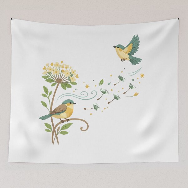 Item preview, Whimsical Songbirds and Wildflowers Cottagecore Nature Bird Art designed and sold by inkoutninja.