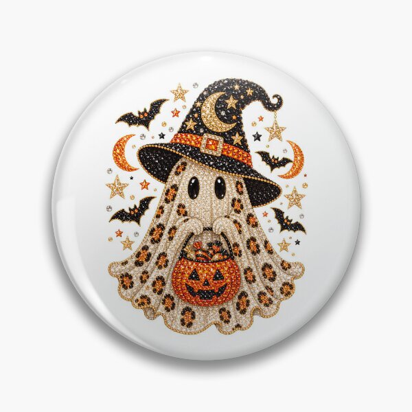 Item preview, Sparkly Leopard Print Halloween Ghost in Witch Hat with Pumpkin designed and sold by BumbleBloom7.