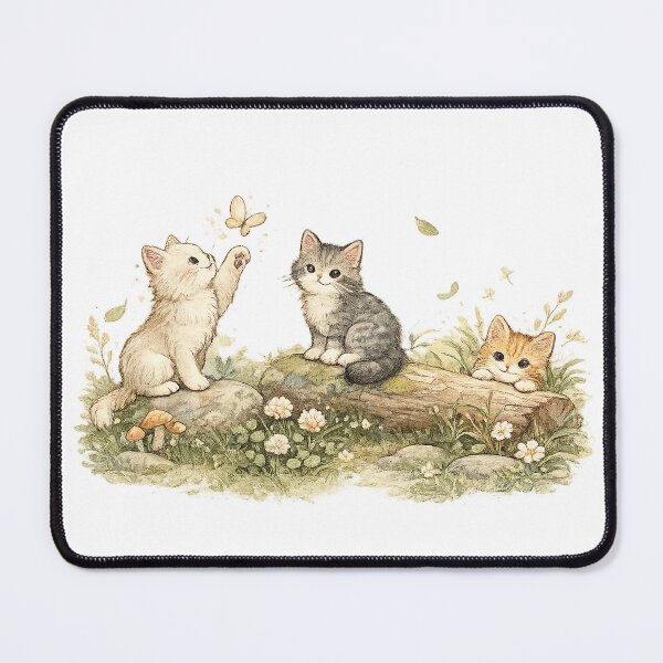Item preview, Playful Kittens in the Meadow Cute Cottagecore Cat Nature Art designed and sold by inkoutninja.