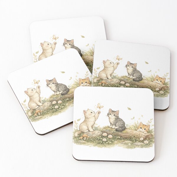 Item preview, Playful Kittens in the Meadow Cute Cottagecore Cat Nature Art designed and sold by inkoutninja.