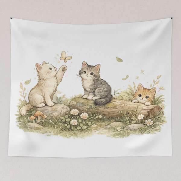 Item preview, Playful Kittens in the Meadow Cute Cottagecore Cat Nature Art designed and sold by inkoutninja.