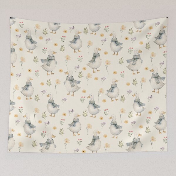 Item preview, Cozy Scarf Ducks & Wildflowers – Cottagecore Watercolor Pattern designed and sold by PaperyAndInk.