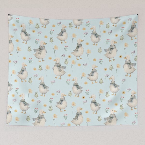 Item preview, Scarf Ducks & Wildflowers – Cottagecore Watercolor Pattern designed and sold by PaperyAndInk.