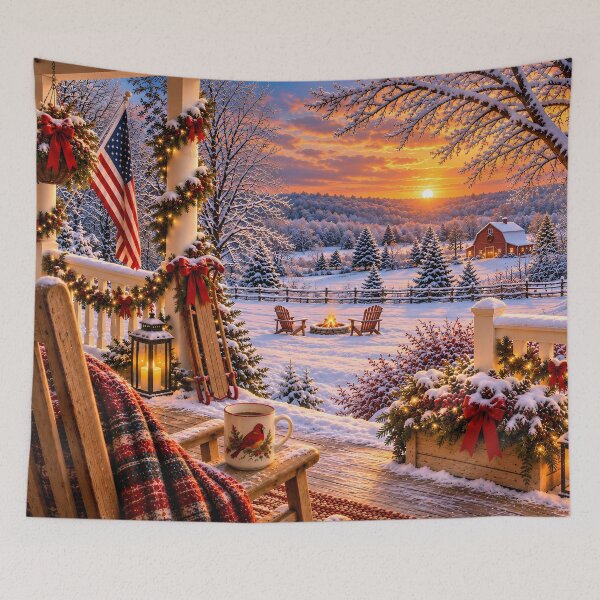 Item preview, Cozy Winter Sunset Cabin Porch View designed and sold by PuzzlingRooster.