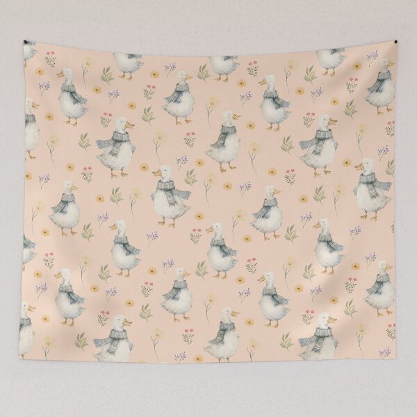 Item preview, Cozy Scarf Ducks & Wildflowers – Cottagecore Watercolor Pattern designed and sold by PaperyAndInk.