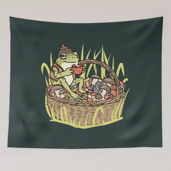 Item preview, Frog Cozy Cottagecore Mushroom Basket Drinking Coffee designed and sold by LeshanArt.