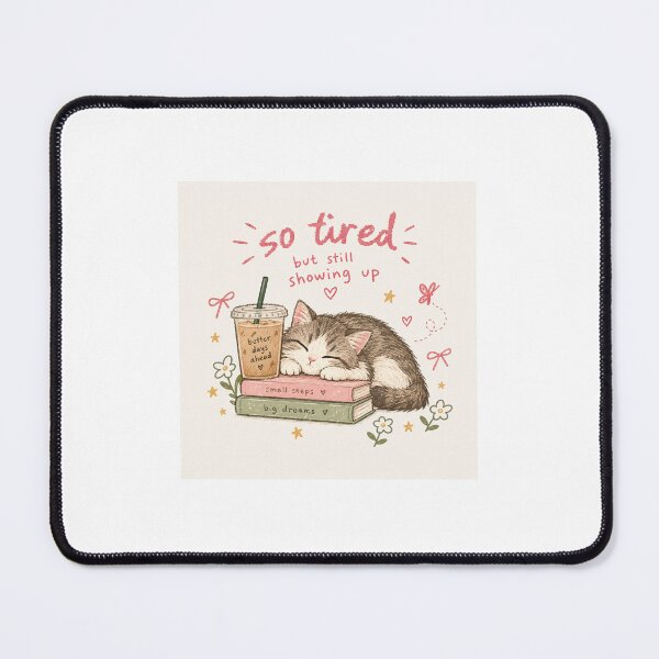 Item preview, So Tired But Still Showing Up – Cute Cozy Cat, Coffee & Books designed and sold by PrincessStudio.