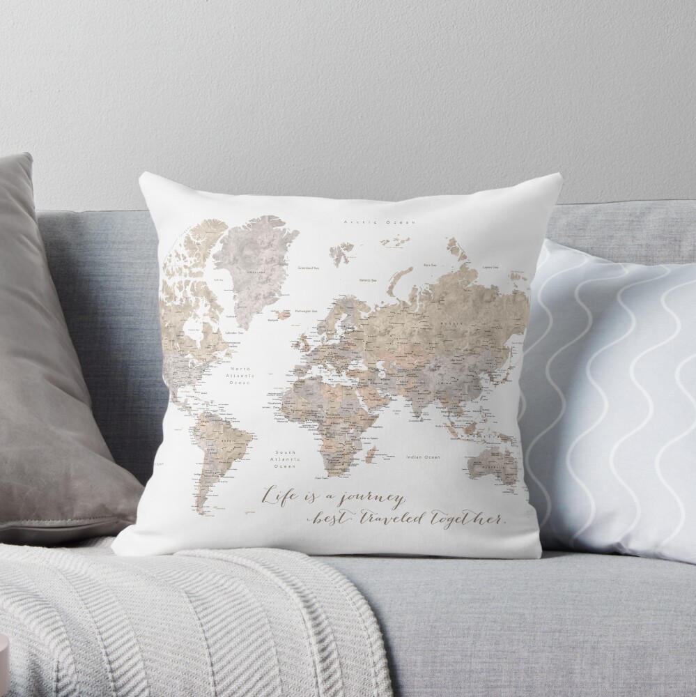 Life is a jouney best travelled together, world map, "Abey" Throw Pillow
