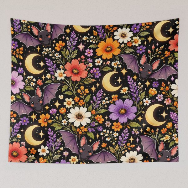 Item preview, Bat & Wildflower Midnight Pattern – Cute Gothic Halloween Floral designed and sold by RJACreative.