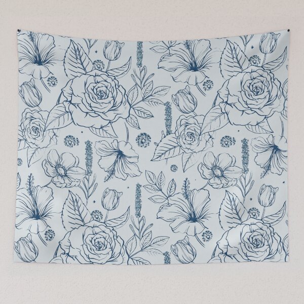 Item preview, Cute Blue Line Art Floral Stick Flower Pattern designed and sold by Palette & Hue.