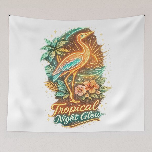 Item preview, Tropical Night Glow Heron Bird Retro Coastal Botanical Art designed and sold by inkoutninja.
