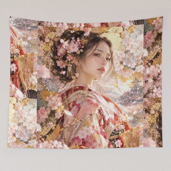 Item preview, Golden Sakura - Elegant Kimono Princess with Cherry Blossoms designed and sold by KINTSUGI-LUMI.