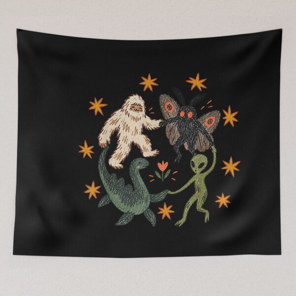 Item preview, Vintage 90s Dancing Cryptids Bigfoot Holding Hands in Circle  designed and sold by Suzu Comena.