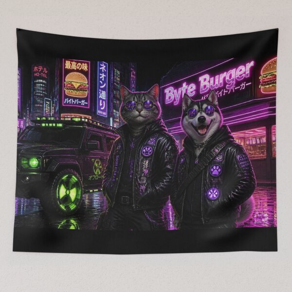 Item preview, Cyberpunk Cat and Dog Byte Burger Neon Gaming Desk Mat designed and sold by LazyDayzCo.