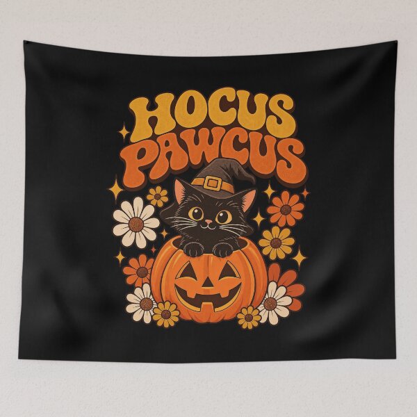 Item preview, Hocus Pawcus Retro Autumn Black Cat Pumpkin Flowers Artwork designed and sold by Aqouiatiqe.