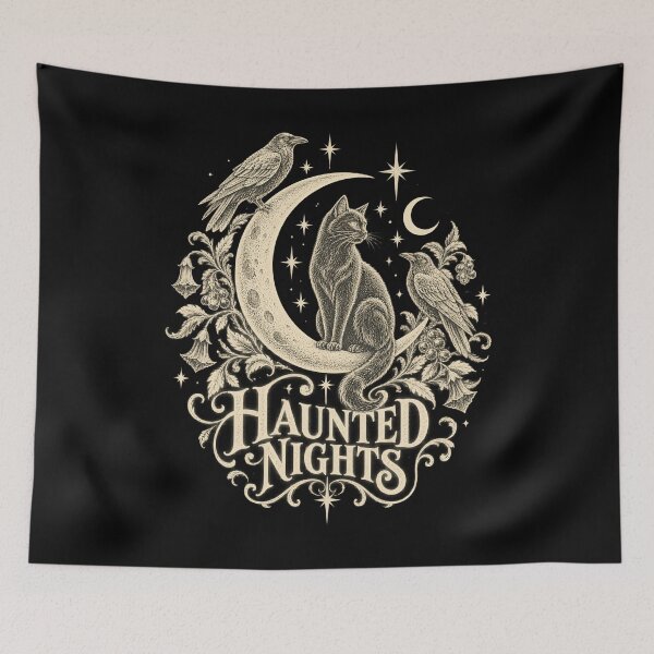 Item preview, Haunted Nights Vintage Black Cat On Crescent Moon Artwork designed and sold by Felinefinesse.